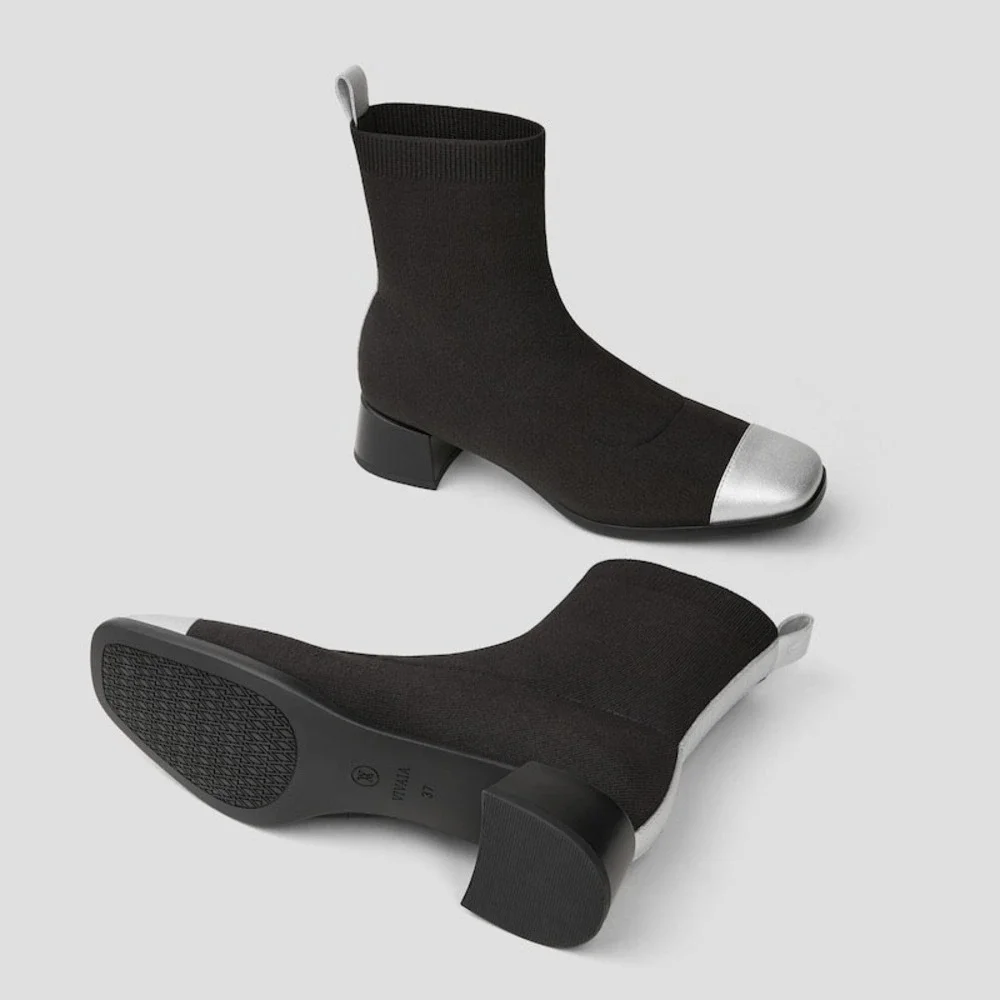 VIVIAIA Sock Boots Black Silver Cap‎ Toe Block Heel Knit Ankle Women Size 7.5
